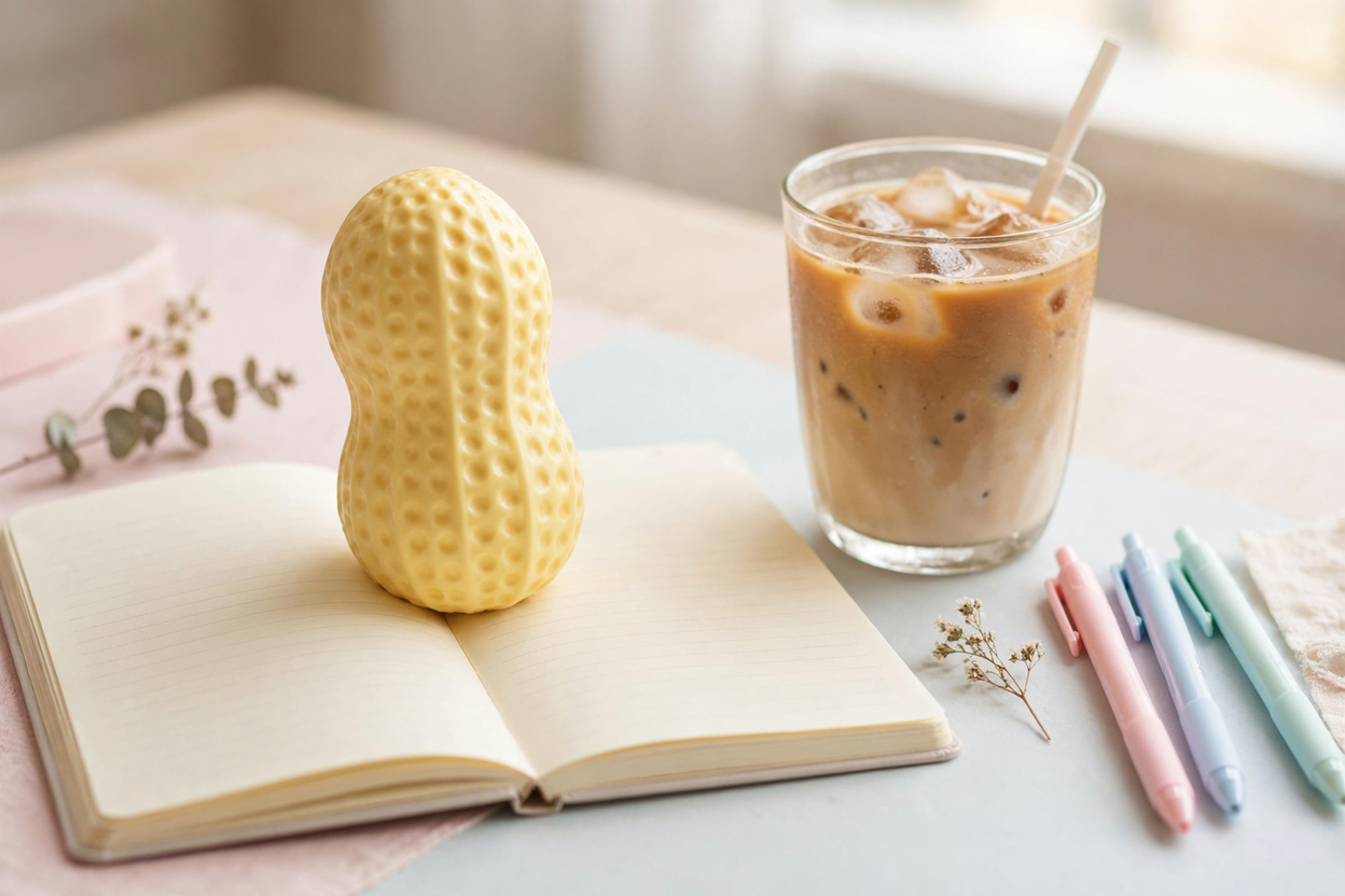 Peanut squishy on a study desk next to a notebook, pens and iced coffee