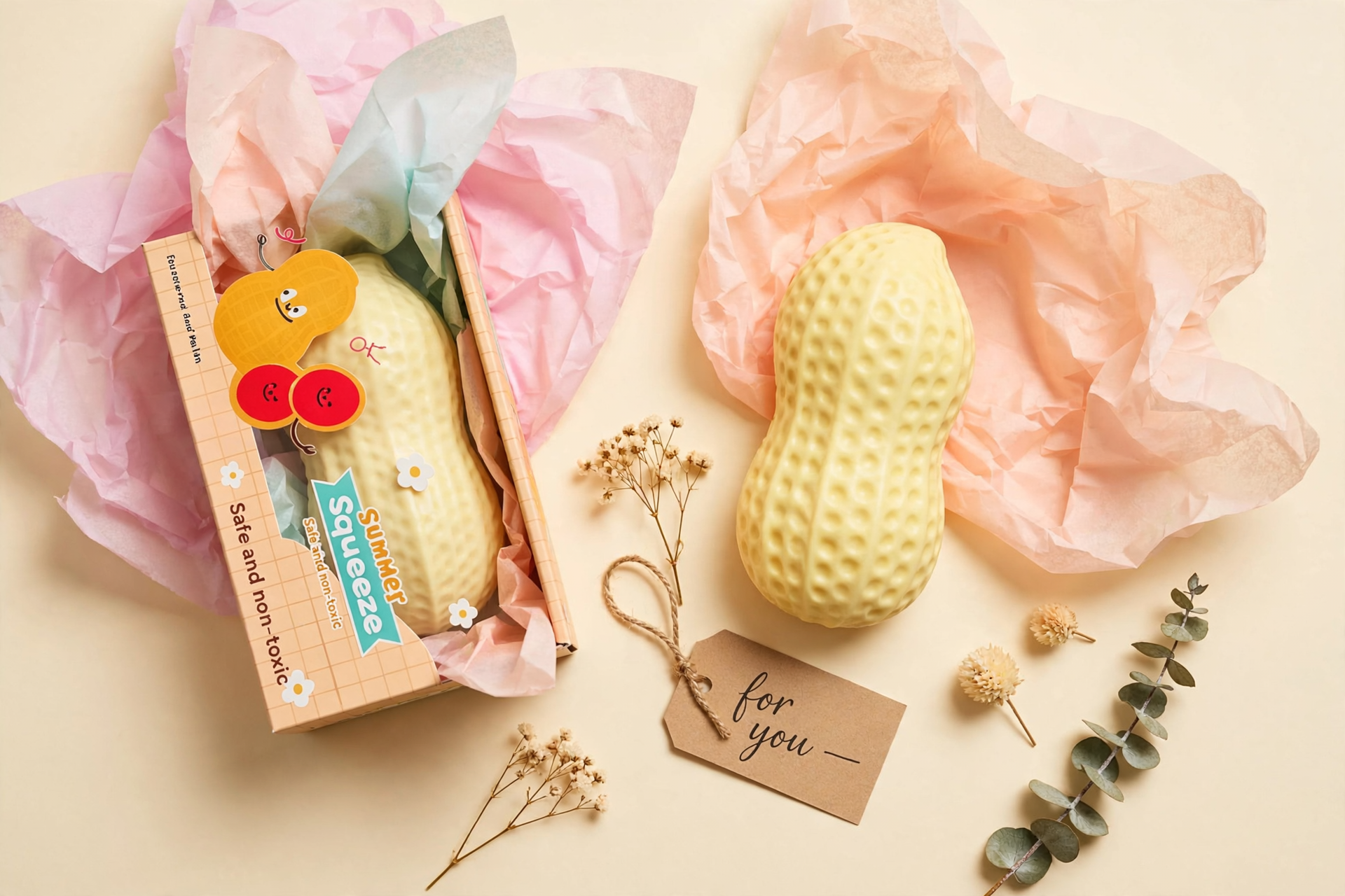 Peanut squishy gift box with tissue paper and a for-you gift tag