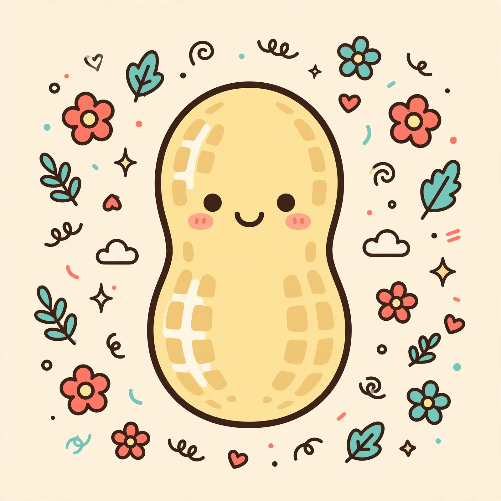 Smiling kawaii peanut character with flowers